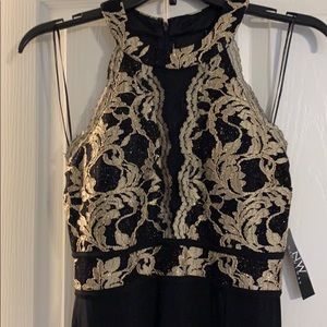 Lace/Glitter and Jersey High-Neck A-Line Gown